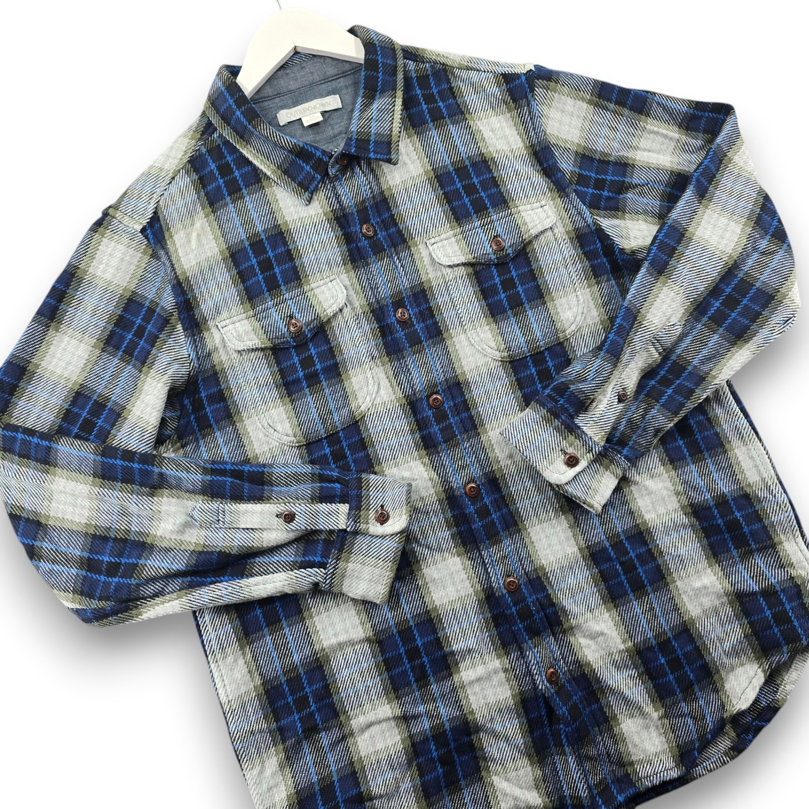 Outerknown Blanket Shirt Men L Blue Grey Plaid Organic Cotton Heavyweight